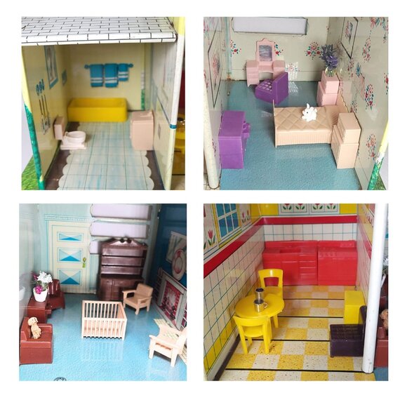 Share Vintage Tin 1950’s Rancher Metal Doll House 4 Rooms Furnished ~ T. Cohn - Picture 3 of 15